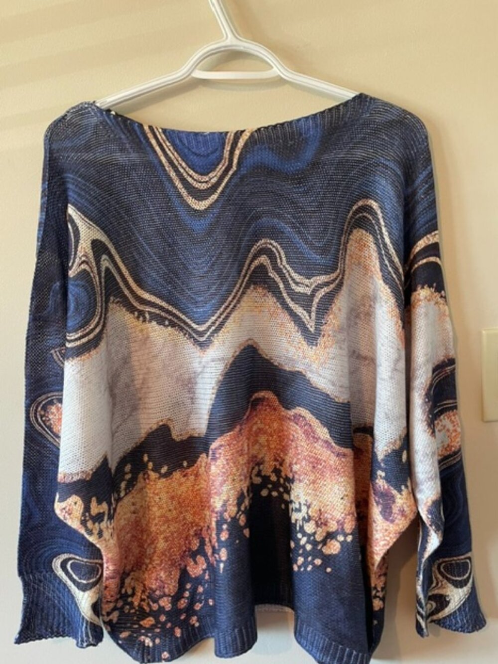 Made In Italy Vibrant Swirls of Blue/Cream/Orange Knit Sweater Dolman Slv S XL